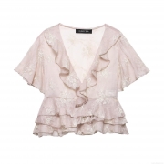 Women Sweet V Neck Chiffon Blouse Tiered Ruffle Hem Flower Embroidered Top Short Flutter Sleeve Light Pink Embroidery Shirt For Daily Dating Summer