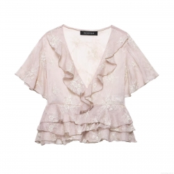 Women Sweet V Neck Chiffon Blouse Tiered Ruffle Hem Flower Embroidered Top Short Flutter Sleeve Light Pink Embroidery Shirt For Daily Dating Summer