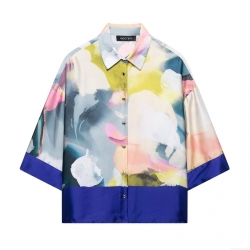Women's Abstract Watercolor Print Satin Blouse Elegant Silk Feel Button Down Loose Shirt Top With Metal Buttons For Ladies Office Party Casual