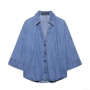 Women's Casual Denim Shirt Three-Quarter Sleeve Lapel Single Breasted Jean Blouse Solid Color Cotton Top for Daily Spring Summer Fashion