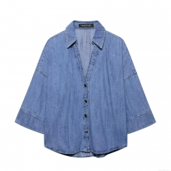 Women's Casual Denim Shirt Three-Quarter Sleeve Lapel Single Breasted Jean Blouse Solid Color Cotton Top for Daily Spring Summer Fashion
