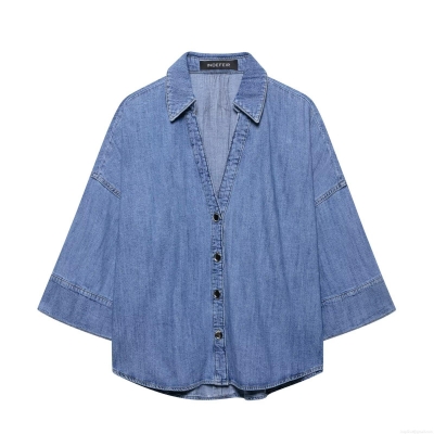 Women's Casual Denim Shirt Three-Quarter Sleeve Lapel Single Breasted Jean Blouse Solid Color Cotton Top for Daily Spring Summer Fashion