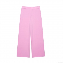 Women High Waist Wide Leg Suit Pants Elegant Bright Pink Polyester Tech Fabric Trousers Loose Straight Dress Slacks For Office Lady Spring Summer Solid Color Long Bottoms