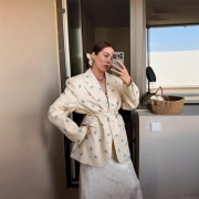 Women's Floral Print Blazer Polyester Notched Lapel Tie-Waist Short Jacket Elegant Sweet Long Sleeve Outerwear For Spring Autumn Daily Dating
