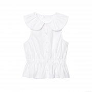 Women's Elegant White Sleeveless Blouse Featuring Oversized Ruffle Peter Pan Collar Minimalist Solid Color Button Up Peplum Top Sweet Summer Shirt