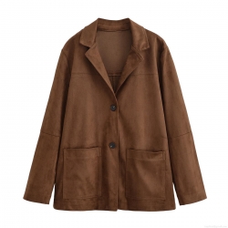 Women's Retro Faux Suede Blazer Jacket Elegant Single Breasted Solid Color Lapel Outerwear With Big Pockets For Casual Commuter Socialite Autumn Spring Wear
