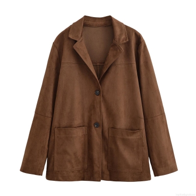 Women's Retro Faux Suede Blazer Jacket Elegant Single Breasted Solid Color Lapel Outerwear With Big Pockets For Casual Commuter Socialite Autumn Spring Wear