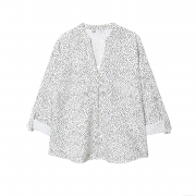 Women Fashion Polka Dot Blouse V Neck Long Sleeve Roll Up Shirt With Pearl Buttons Casual Office Wear Elegant White Black Printed Tops