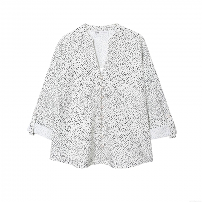 Women Fashion Polka Dot Blouse V Neck Long Sleeve Roll Up Shirt With Pearl Buttons Casual Office Wear Elegant White Black Printed Tops