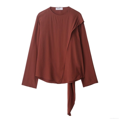 Women's Casual Round Neck Long Sleeve Blouse 100% Polyester Solid Color Loose Fit Top With Tie-Neck And Asymmetric Layered Detail For Daily Streetwear