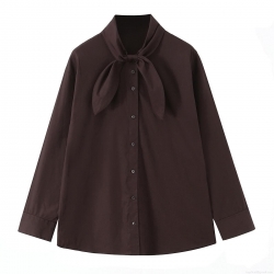 Women's Elegant Coffee Brown Polyester Long Sleeve Blouse Shirt With Pussy-bow Tie Neck Vintage Solid Color Button Up Office Daily Casual Top