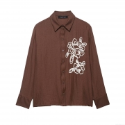 Women Elegant Floral Embroidery Blouse Textured Long Sleeve Button Down Shirt Polyester Fabric Top For Daily Office Wear