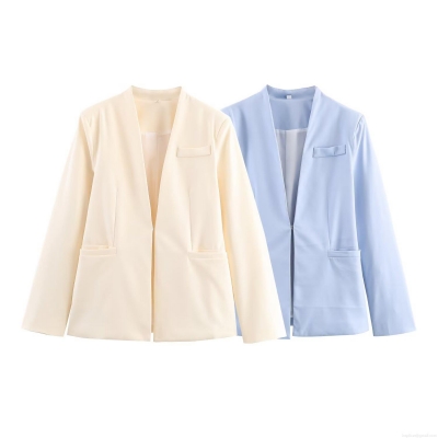 Women's Collarless Blazer Elegant Slim Fit Solid Color Polyester Suit Jacket Office Casual Outerwear With Hidden Hook For Lady