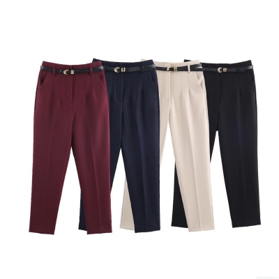 Women High Waist Tapered Dress Pants With Slim Belt Solid Color Polyester Casual Commute Trousers Office Wear For Ladies