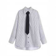 Women's Fashion Striped Long Sleeve Shirt With Black Tie Set Elegant Blue White Striped Blouse Office Lady Casual Button Down Top For Autumn Spring