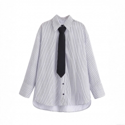 Women's Fashion Striped Long Sleeve Shirt With Black Tie Set Elegant Blue White Striped Blouse Office Lady Casual Button Down Top For Autumn Spring