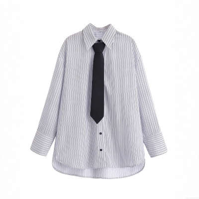 Women's Fashion Striped Long Sleeve Shirt With Black Tie Set Elegant Blue White Striped Blouse Office Lady Casual Button Down Top For Autumn Spring