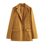 Women's Fashion Faux Suede Blazer Jacket Ginger Yellow Lapel Long Sleeve Slim Suit Coat With Pockets For Commuting Office Casual Wear Autumn Outerwear