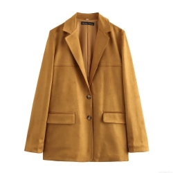 Women's Fashion Faux Suede Blazer Jacket Ginger Yellow Lapel Long Sleeve Slim Suit Coat With Pockets For Commuting Office Casual Wear Autumn Outerwear