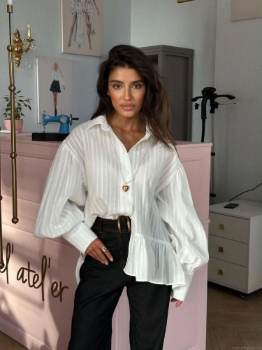Women European Style White Striped Ruffle Blouse Casual Loose Puff Long Sleeve Shirt Cotton Blend Single Breasted Button Down Tops