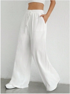 Women's Casual Wide Leg Pants High Waist Drawstring Cotton Linen Trousers Solid Color Straight Flare Pants for Summer Beach Women Bottoms