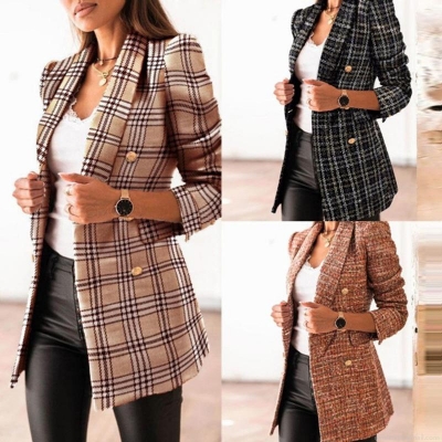 Women Tweed Plaid Blazer Elegant Double Breasted Jacket Slim Fit Checkered Suit Coat With Gold Buttons For Office Casual Commute