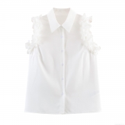 Women's Elegant Sleeveless Blouse Polyester Lapel Collar Ruffle Trim 3D Flower Button Down Solid Color Sweet Shirt For Women