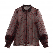 Women's Sheer Mesh Blouse Red Flocked Heart Pattern Shirt Lantern Sleeve Ruffle Cuff Button Down Sweet Sexy See Through Top For Women