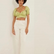 Women Puff Sleeve Backless Cropped Blouse Ruched Bust Square Neck Tie Back Short Sleeve Sweet Sexy Polyester Top For Summer Spring Casual Daily