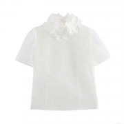 Women's Sweet Organza Blouse Top 3D Floral Applique Short Sleeve Sheer Shirt For Party Daily Elegant Girl Style