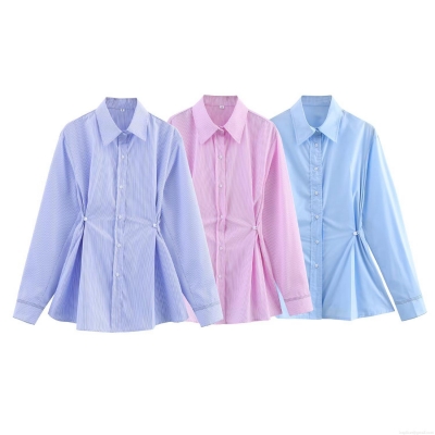 Women's Intellectual Lapel Long Sleeve Polyester Blouse Waist Tucking Button Down Shirt For Office Daily Commuter Elegant Striped Solid Top
