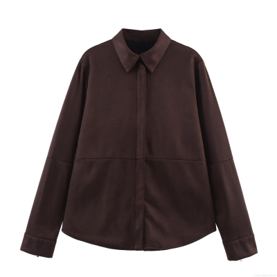 Women Autumn Winter Faux Suede Long Sleeve Shirt Zipper Cuff Slim Fit Lapel Collar Coffee Solid Color Casual Blouse Fashion Jacket Top