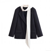 Women's Loose Minimalist Contrast Scarf Decor Blazer Jacket 100% Polyester Long Sleeve Suit Collar Business Casual Outerwear Street Style Coat for Office Work