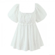 French Retro White Cotton Embroidery Blouse Square Neck Puff Sleeve Smocked Babydoll Shirt Sweet Summer Floral Tops For Women