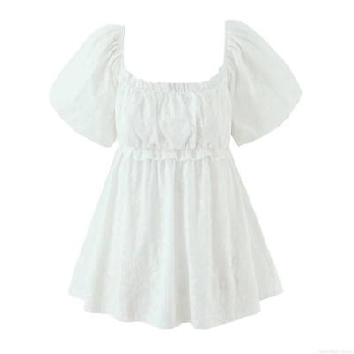 French Retro White Cotton Embroidery Blouse Square Neck Puff Sleeve Smocked Babydoll Shirt Sweet Summer Floral Tops For Women
