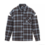 Women's Sexy Cold Shoulder Plaid Blouse Long Sleeve Button Up Shirt Casual Loose Fit Streetwear Polyester Top Brown Blue Check