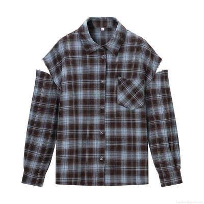 Women's Sexy Cold Shoulder Plaid Blouse Long Sleeve Button Up Shirt Casual Loose Fit Streetwear Polyester Top Brown Blue Check