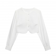 Women Round Neck Long Sleeve Cropped Shirt Elegant Curved Hem Button Up Top Solid Color Polyester Blouse For Spring Autumn Daily Dating Party Outfits