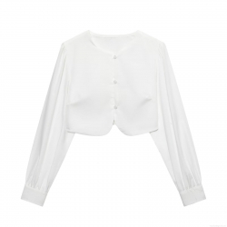 Women Round Neck Long Sleeve Cropped Shirt Elegant Curved Hem Button Up Top Solid Color Polyester Blouse For Spring Autumn Daily Dating Party Outfits