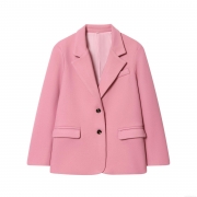 Women's Pink Blazer Jacket Woolen Blend Lapel Long Sleeve Two Button Coat For Office Daily Streetwear Chic Outerwear With Pockets