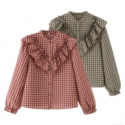Women's 100% Cotton Plaid Shirt Vintage Ruffle Stand Collar Blouse Long Sleeve Button Down Top Casual Streetwear Retro Gingham Shirt for Ladies