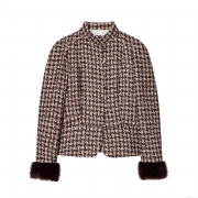 Women's Chic Plaid Tweed Blazer Jacket With Faux Fur Cuffs Stand Collar Single Breasted Short Coat Elegant Office Lady Streetwear Outwear