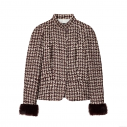 Women's Chic Plaid Tweed Blazer Jacket With Faux Fur Cuffs Stand Collar Single Breasted Short Coat Elegant Office Lady Streetwear Outwear