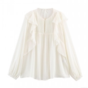 Women's Elegant Ruffle Chiffon Blouse Long Sleeve Pleated Lantern Sleeve Solid Off-white Loose Fit Shirt For Office Party Daily Streetwear Fashion