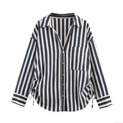 Women Fashion Casual Striped Long Sleeve Shirt POLO Collar Side Drawstring Loose Button Down Blouse Polyester Cotton Blend Streetwear Tops