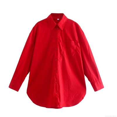Women's Casual Loose Cotton Long Sleeve Button Down Shirt With Pocket Lapel Solid Color Streetwear Tops For Summer Autumn Ladies Fashion Woven Blouse