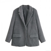 Women Elegant Faux Fur Suit Jacket Chic Solid Color Long Sleeve Single Breasted Blazer Outerwear Winter Warm Mid-Length Polyester Coat For Ladies