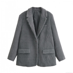 Women Elegant Faux Fur Suit Jacket Chic Solid Color Long Sleeve Single Breasted Blazer Outerwear Winter Warm Mid-Length Polyester Coat For Ladies