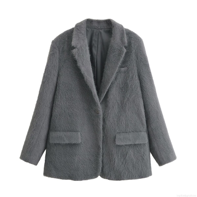 Women Elegant Faux Fur Suit Jacket Chic Solid Color Long Sleeve Single Breasted Blazer Outerwear Winter Warm Mid-Length Polyester Coat For Ladies
