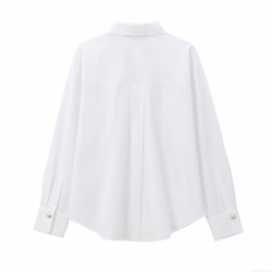 Women's Elegant White Poplin Shirt Long Sleeve Blouse With Irregular Gold Metal Buttons Casual Regular Fit Top For Office Daily Wear Streetwear